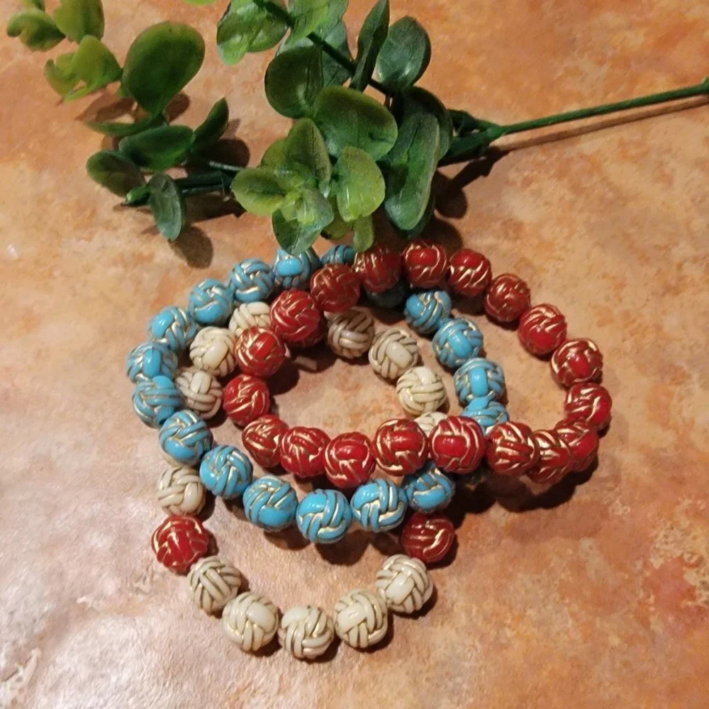 Cute Red,‎ White and Blue Acrylic Beaded Bracelet  Set of 3  Handmade